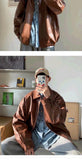 Pu Leather Jacket Men Brown Retro Motorcycle Jacket Autumn Korean Fashion Fried Street Loose Zipper Bomber Jacket Learher Coats jinquedai