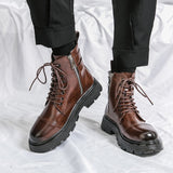 Winter Boots Fashion Brown Leather Men's High Boots Motorcycle Boots Men Outdoor Thick Bottom Round Head Waterproof Ankle Boots jinquedai