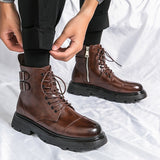 Winter Boots Fashion Brown Leather Men's High Boots Motorcycle Boots Men Outdoor Thick Bottom Round Head Waterproof Ankle Boots jinquedai