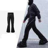 Fashion Flared Jeans Double Zippers Long Ribbons Black Denim Pants Men's Streetwear Harajuku Hipster Jeans jinquedai