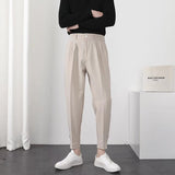 Jinquedai Fashion Men Casual Pants Elastic Waist Small Feet Slim Korean Style Pleated Tapered Male Blazer Pants Trousers Streetwear jinquedai