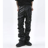 Hip Hop Mens Pleated Pu Leather Pants Harajuku Retro Streetwear Loose Ruched Casual Trousers Straight Solid Color Black Pants jinquedai