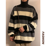 Korean Striped Men's Turtleneck Oversized Sweaters Winter Warm Knitted Pullovers  Streetwear Man Casual Tops jinquedai