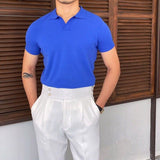 Men's Polo Shirt Solid Knit Lapel Buttonless Short Sleeve Slim Fit Tee Thin Casual Retro Summer jinquedai