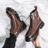 Winter Boots Fashion Brown Leather Men's High Boots Motorcycle Boots Men Outdoor Thick Bottom Round Head Waterproof Ankle Boots jinquedai