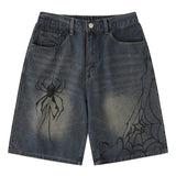 Y2K Blue Denim Shorts Spider Cobweb Printed Summer Loose Casual Jeans Shorts Fashion Harajuku Hip Hop Streetwear Shorts for Men jinquedai