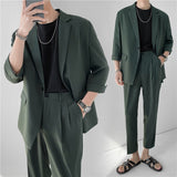 Jinquedai Fashion Summer 2-piece Set Solid Color Single-breasted Casual Simple Student Wear Homme Loose Suits Wear (Blazers + Pants) jinquedai