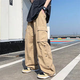 Jinquedai New Men Cotton Cargo Pants Harajuku Style Straight Casual Pants for Men  Solid Big Pockets Loose Wide Leg Design Trousers jinquedai
