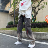 High Street hiphop jeans Men's hip-hop Street work straight pants Black gray gradient speckled pants streetwear pantalon homme jinquedai