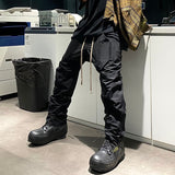 High Street Vibe Style Drawstring Black Casual Trousers Retro Straight Oversized Pockets Harajuku Hip Hop Mens Track Pants jinquedai