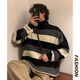 Korean Striped Men's Turtleneck Oversized Sweaters Winter Warm Knitted Pullovers  Streetwear Man Casual Tops jinquedai