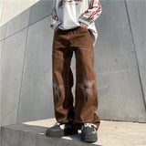 Jinquedai  Harajuku Causal Jeans Men Patchwork Letter Stars Embroidery Straight-leg Cargo Pants Vintage Washed Baggy Trousers Women Brown jinquedai