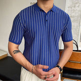 Men Knitwear Polo Shirt Casual Streetwear Tight  Button Stripe  Short Sleeve T-shirt for Men Breathable  M-3XL  Men Clothing jinquedai