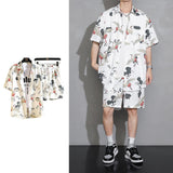 Summer Ice Silk Sets Men Fashion Short-sleeved Shirt/Shorts Two-piece Mens Japanese Streetwear Loose Printing Short Sets Men jinquedai