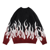 Retro Flame Printed Contrast Color Pullover Autumn Sweaters for Men and Women Round Neck Patchwork Hip Hop Baggy Knitted Tops jinquedai