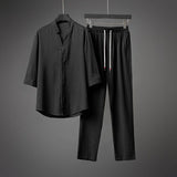 Summer New Style Men's Fashion Casual Solid Color T-Shirt Suit Male High-Quality Cotton and Linen Two-Piece Set M-5XL jinquedai
