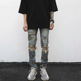 Jinquedai  Jeans Men's Letter Embroidery Ripped Holes Straight Retro Punk Pants Fashionable Hip-hop Streetwear Men S-3XL jinquedai