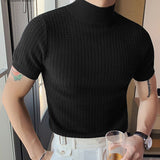 Summer Tight Knited T-shirt Casual Streetwear High-neck Solid Color Short-sleeved Bottoming Tees S-3XL Luxury Clothing jinquedai