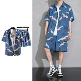 Summer Ice Silk Sets Men Fashion Short-sleeved Shirt/Shorts Two-piece Mens Japanese Streetwear Loose Printing Short Sets Men jinquedai