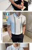 Jinquedai  Knit Top Summer Casual Mens Retro Striped Short-Sleeved Slim Polo Shirt Mens Button Lapel Polo Shirt Fashion Polo Shirt Men jinquedai