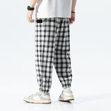 Men Casual Pants Plaid Length Loose All-Match Elastic Waist Fashion Trousers Streetwear Korean White Tie Feet Trousers Male jinquedai