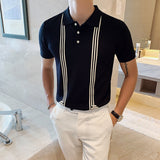 Jinquedai  Knit Top Summer Casual Mens Retro Striped Short-Sleeved Slim Polo Shirt Mens Button Lapel Polo Shirt Fashion Polo Shirt Men jinquedai