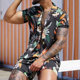 Summer Men Clothing Set Casual Hawaiian Print Short Sleeve Shirt and Beach Shorts Quick-drying 2 Piece Suit jinquedai