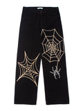 Summer Spider Web Embroidery Straight Casual Jeans Pants Men Women Vibe Style Ripped Loose Denim Trousers 2022 New Streetwear jinquedai