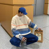 Striped sweater men's autumn and winter fashion brand loose color matching sweater coat versatile lazy wind thickened round neck jinquedai