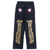 Letter Stars Graffiti Print Wide Leg Blue and Black Jeans Pants for Men and Women Straight Retro Casual Oversized Denim Trousers jinquedai