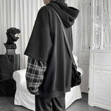 Fake Two Piece Plaid Patchwork Black White Oversize Harajuku Korean Fashion Casual Hoodie Long Sleeve Autumn Men Sweatshirt jinquedai