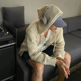 Hollow Out Hooded Cardigan for Men Spring/Summer Korean Loose Mesh Trend Lazy Coat Casual Zipper Knitted Jacket High Streetwear jinquedai