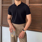 Men's Polo Shirt Solid Knit Lapel Buttonless Short Sleeve Slim Fit Tee Thin Casual Retro Summer jinquedai
