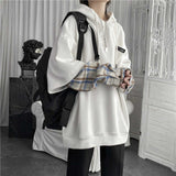 Fake Two Piece Plaid Patchwork Black White Oversize Harajuku Korean Fashion Casual Hoodie Long Sleeve Autumn Men Sweatshirt jinquedai