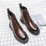 Winter Boots Fashion Brown Leather Men's High Boots Motorcycle Boots Men Outdoor Thick Bottom Round Head Waterproof Ankle Boots jinquedai
