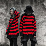 High Street Retro Punk Red and Black Stripes Autumn Sweater Men Loose Ripped Hole Tassel Pullover Round Neck Casual Clothes jinquedai