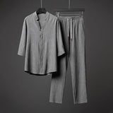 Summer New Style Men's Fashion Casual Solid Color T-Shirt Suit Male High-Quality Cotton and Linen Two-Piece Set M-5XL jinquedai