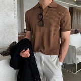 Summer Men's Retro Knitting Lapel Stripe POLO Shirt Solid Color Thin Cozy Short Sleeve T-Shirt New jinquedai