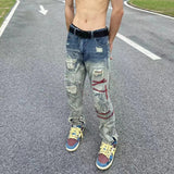 Jinquedai  Jeans Men's Letter Embroidery Ripped Holes Straight Retro Punk Pants Fashionable Hip-hop Streetwear Men S-3XL jinquedai