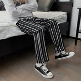 Men Pants Striped Loose Comfortable Retro Casual All-match Elastic Waist Chic Wide Leg Trousers Fashion Streetwear Korean Style jinquedai