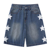 Retro Star Splicing Denim Shorts  Men Summer Harajuku Streetwear Jeans Shorts Fashion Casual Loose Blue Denim Shorts Unisex jinquedai