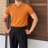Men's Polo Shirt Solid Knit Lapel Buttonless Short Sleeve Slim Fit Tee Thin Casual Retro Summer jinquedai