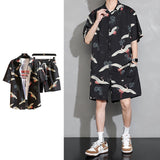 Summer Ice Silk Sets Men Fashion Short-sleeved Shirt/Shorts Two-piece Mens Japanese Streetwear Loose Printing Short Sets Men jinquedai