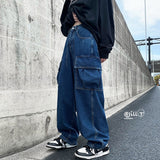 Jinquedai High Street Retro Casual Large Pocket Overalls Men New Summer High Waist Loose Straight Tube Draped Striped Jeans