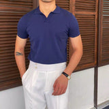 Men's Polo Shirt Solid Knit Lapel Buttonless Short Sleeve Slim Fit Tee Thin Casual Retro Summer jinquedai