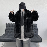 Letter Embroidery Men's Black Jackets Fake Fur Winter Coats Harajuku Gothic Loose Fashion Brand Male Thicken Parkas jinquedai