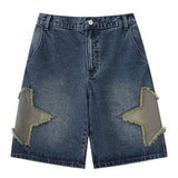 Retro Star Splicing Denim Shorts  Men Summer Harajuku Streetwear Jeans Shorts Fashion Casual Loose Blue Denim Shorts Unisex jinquedai