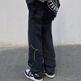 Jinquedai 2022 High Street Letter Embroidery Black Oversize Men Hip Hop Jeans Trousers Harajuku Straight Women Baggy Vintage Denim Pants jinquedai
