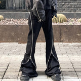 Fashion Flared Jeans Double Zippers Long Ribbons Black Denim Pants Men's Streetwear Harajuku Hipster Jeans jinquedai