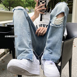 American split hole jeans men's summer Retro High Street straight pants ins loose thin beggar pants B jinquedai